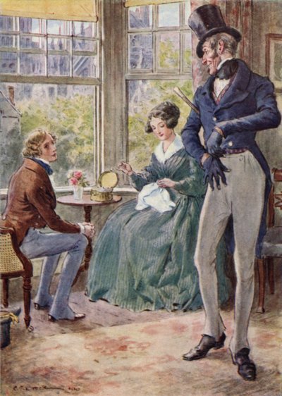 Pen hablando con Emily en el salón del Capitán de after Charles Edmund Brock