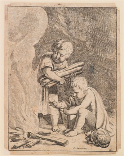 Dos niños haciendo fuego de after Cornelis Holsteyn