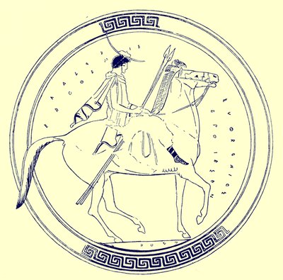 Niño en caballo, ilustración de Pinturas de Vasos Griegos por J. E. Harrison y D. S. MacColl, publicada en 1894 (imagen digitalmente mejorada) de after English School