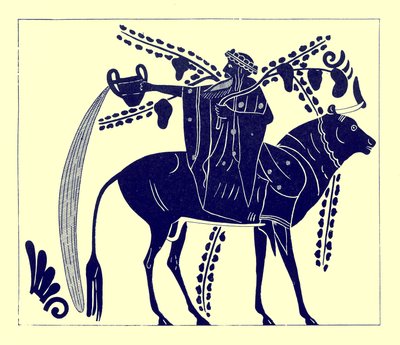 Dionisos montando un toro, ilustración de Pinturas de Vasos Griegos por J. E. Harrison y D. S. MacColl, publicada en 1894 (imagen digitalmente mejorada) de after English School