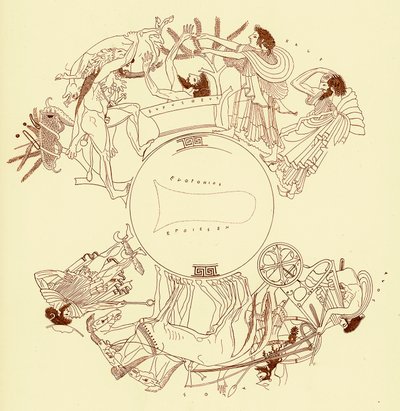 Heracles y Euristeo, ilustración de Pinturas de Vasos Griegos por J. E. Harrison y D. S. MacColl, publicada en 1894 (imagen digitalmente mejorada) de after English School