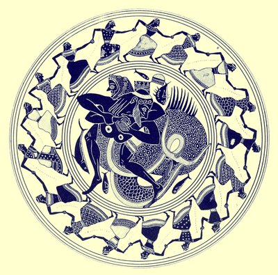 Heracles luchando con Tritón, ilustración de Pinturas de Vasos Griegos por J. E. Harrison y D. S. MacColl, publicada en 1894 (imagen digitalmente mejorada) de after English School