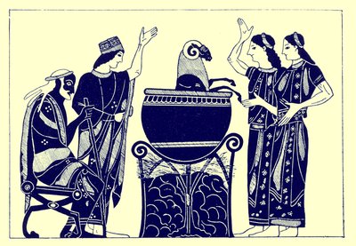 Medea hirviendo el carnero, ilustración de Pinturas de Vasos Griegos por J. E. Harrison y D. S. MacColl, publicada en 1894 (imagen digitalmente mejorada) de after English School