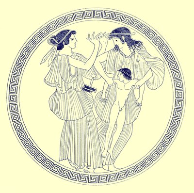 Procne, Filomela e Itis, ilustración de Pinturas de Vasos Griegos por J. E. Harrison y D. S. MacColl, publicada en 1894 (imagen digitalmente mejorada) de after English School