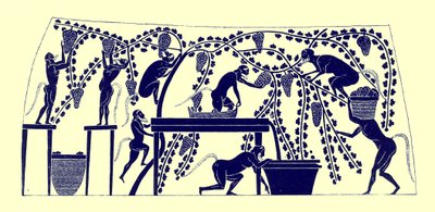 Sátiros recolectando la vendimia, ilustración de Pinturas de Vasos Griegos por J. E. Harrison y D. S. MacColl, publicada en 1894 (imagen digitalmente mejorada) de after English School