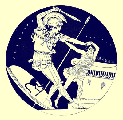 La muerte de Troilo, ilustración de Pinturas de Vasos Griegos por J. E. Harrison y D. S. MacColl, publicada en 1894 (imagen digitalmente mejorada) de after English School
