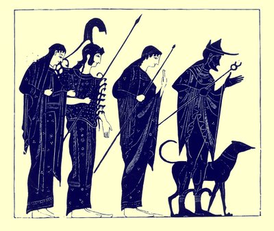 El juicio de Paris, ilustración de Pinturas de Vasos Griegos por J. E. Harrison y D. S. MacColl, publicada en 1894 (imagen digitalmente mejorada) de after English School