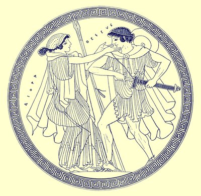 Teseo y Etra, ilustración de Pinturas de Vasos Griegos por J. E. Harrison y D. S. MacColl, publicada en 1894 (imagen digitalmente mejorada) de after English School