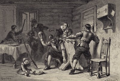 Puritanos atrincherando su casa contra los indios de after Felix Octavius Carr Darley