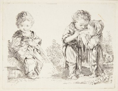 Niño sentado en un terrón de tierra y Los pequeños bebedores de leche de after Francois Boucher