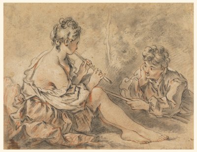 Pastora tocando la flauta a un pastor de after Francois Boucher