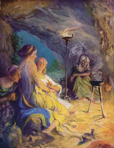 Glaucus e Ione buscan refugio en la cueva de la bruja de after Frederick Coffay Yohn