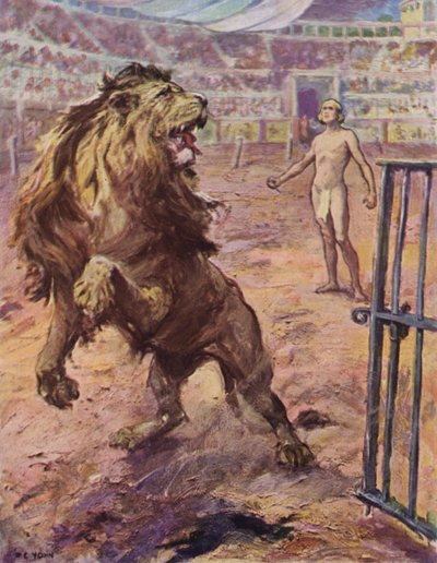 El león... se detuvo abruptamente en la arena, se levantó a medias, emitió un aullido frustrado de after Frederick Coffay Yohn