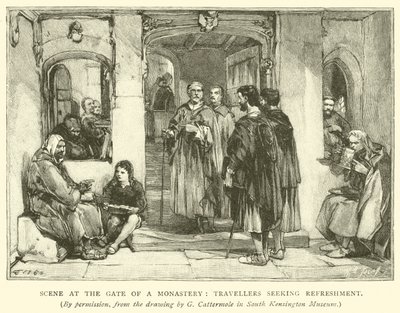 Escena en la puerta de un monasterio, viajeros buscando refresco de after George Cattermole