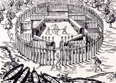 Una aldea guaraní, de Historia Antipodum de Gottfried, pub. en 1655, de El Romance del Río de la Plata, Vol. I, por W. H. Koebel, 1914 de after German School