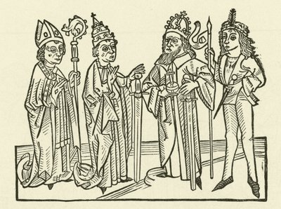 El Emperador del Sacro Imperio Romano y el Papa, acompañados por un caballero y un obispo, sosteniendo espadas, simbolizando el poder judicial en sus tierras de after German School