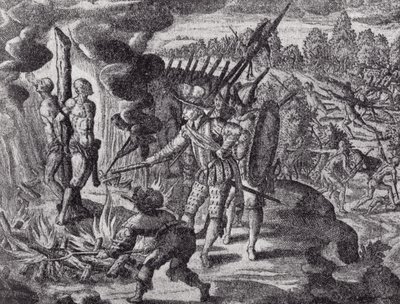 La venganza de los españoles por la muerte de Ayolas, de Historia Antipodum de Gottfried, pub. en 1655, de El Romance del Río de la Plata, Vol. I, por W. H. Koebel, 1914 de after German School