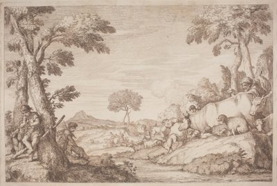 Un viaje pastoral con un niño tocando su flauta junto a un árbol de after Giovanni Benedetto Castiglione Gaetano Zompini