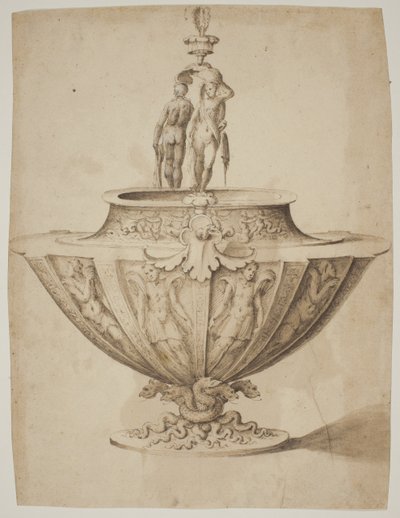 Un magnífico cuenco con figuras y escenas marinas en una base rodeada de serpientes de after Giulio Romano