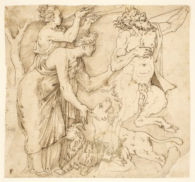 Un sátiro, dos mujeres, un león y una cabra de after Giulio Romano