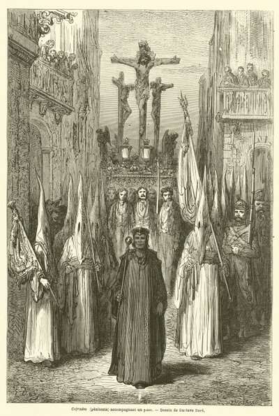 Cofrades (penitentes) acompañando un paso de Gustave after Dore
