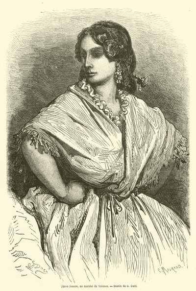 Joven mujer, en el mercado de Valencia de Gustave after Dore