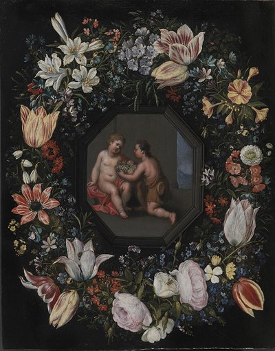 Guirnalda de flores con Jesús y el niño Juan de after Hendrik van Balen d.Æ.