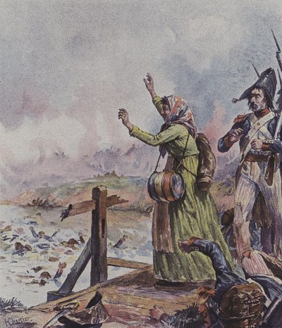 Una cantinera francesa viendo a su esposo entre un grupo de soldados ahogándose en la Batalla de Arcole, Italia, 1796 de after Henri Georges Jacques Chartier