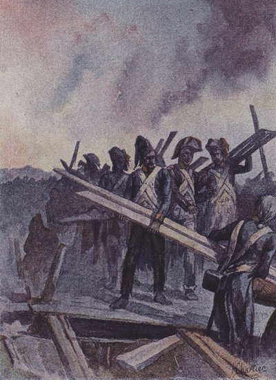 Soldados franceses construyendo un puente de pontones en la Batalla de Arcole, Italia, 1796 de after Henri Georges Jacques Chartier