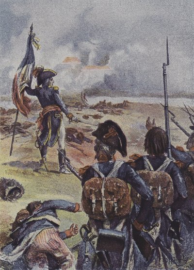 El general Augereau plantando la bandera del 1er Batallón del 99º Regimiento frente a sus líneas en la Batalla de Arcole, Italia, 1796 de after Henri Georges Jacques Chartier