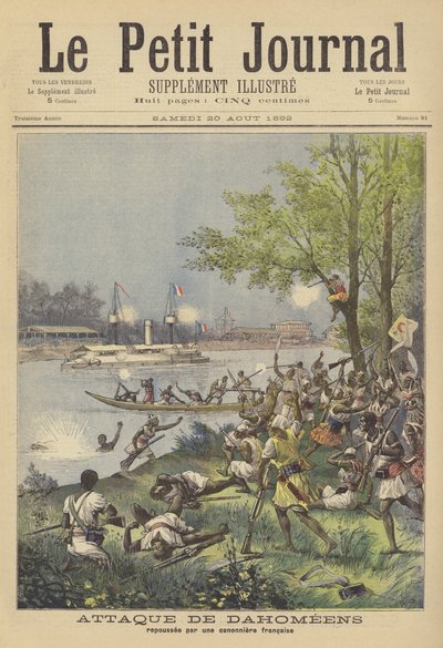 Un ataque de Dahomey repelido por una cañonera francesa de after Henri Meyer