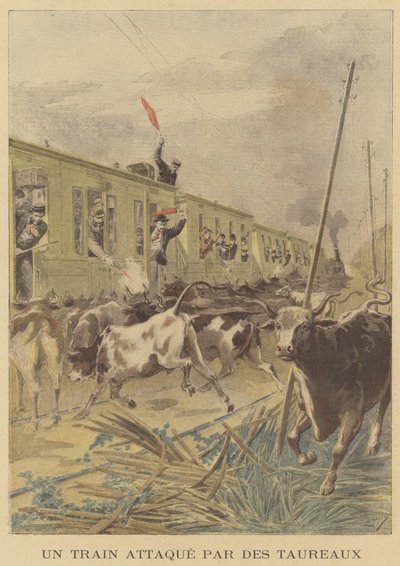 Un tren atacado por toros de after Henri Meyer