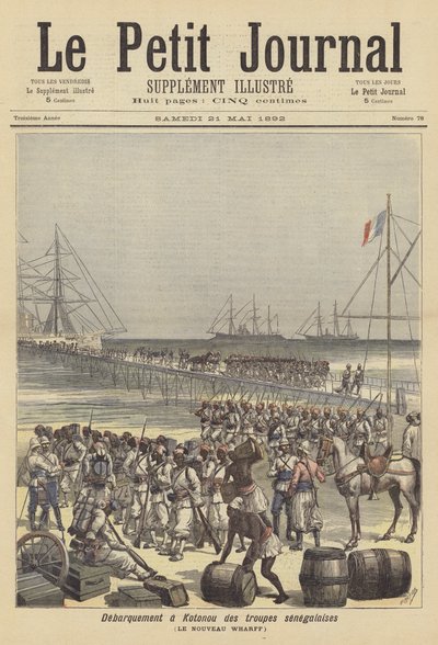 Tropas senegalesas desembarcando en el nuevo muelle de Cotonou, Dahomey de after Henri Meyer