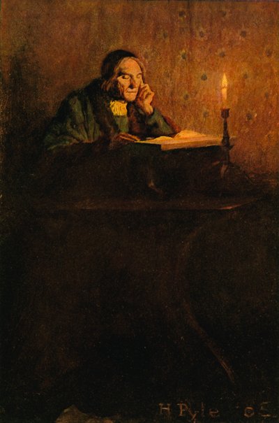 Un caballero pulcro y arrugado sentado en un escritorio de after Howard Pyle