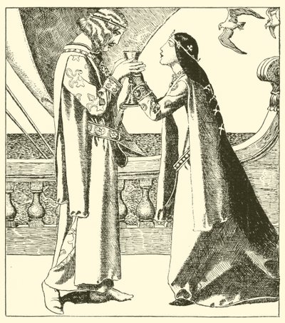 Belle Isoult y Sir Tristram beben el brebaje de amor de after Howard Pyle