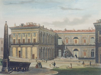 Patio interior del Palazzo Pitti, Florencia, grabado por Johann Falkeisen y coloreado por L. Cherbuin, c.1842 de after Italian School