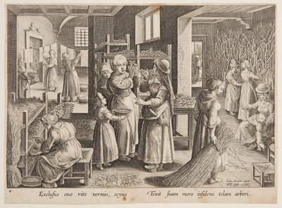 Alimentando gusanos de seda con hojas de morera de after Jan van der Straet, called Stradanus