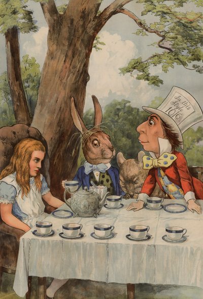 Póster que representa la fiesta del té del Sombrerero Loco de Alicia en el País de las Maravillas de after John Tenniel