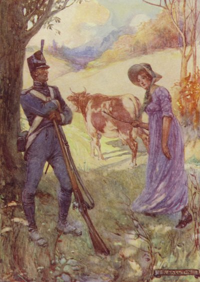 Conduciendo una vaca delante de ella, Laura Secord pasó los centinelas americanos de after Joseph Ratcliffe Skelton