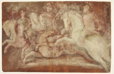 Escena de batalla con caballos y dos jinetes de after Lambert van Haven