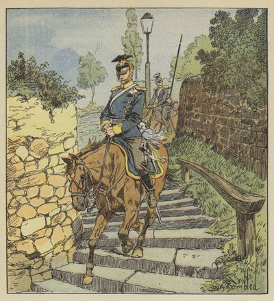 En Chateaudun, Dos ulanos perseguidos bajan a caballo la escalera de piedra de 200 escalones de after Louis Charles Bombled