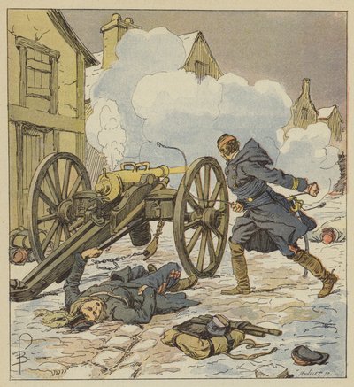 En Parigné, un capitán de artillería sostiene la retirada cargando y disparando él mismo su última pieza de after Louis Charles Bombled