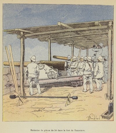 Baterías de piezas de 14 en el fuerte de Tamatave de after Louis Charles Bombled