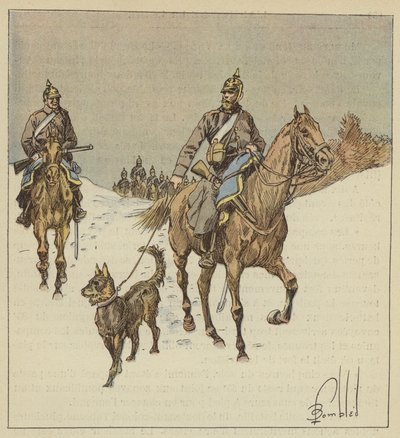 Jinetes prusianos en reconocimiento, precedidos de perros llevados con correa de after Louis Charles Bombled