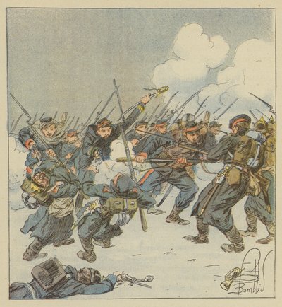 Carga a la bayoneta del 22º móviles (Dordoña), en el combate de Saint-Jean-sur-Erve de after Louis Charles Bombled