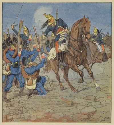 Batalla de Vallières, nuestros dragones cargan contra una compañía bávara y la hacen prisionera de after Louis Charles Bombled
