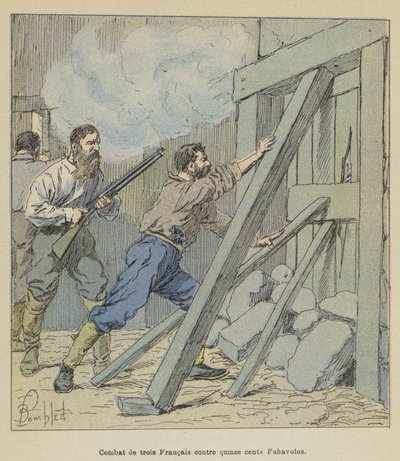 Combate de tres franceses contra mil quinientos Fahavolos de after Louis Charles Bombled