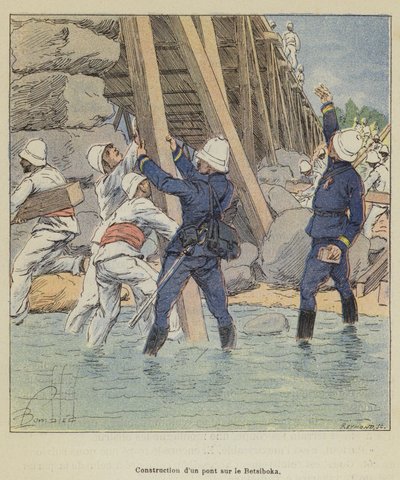Construcción de un puente sobre el Betsiboka de after Louis Charles Bombled