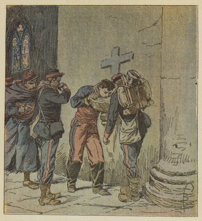 En la iglesia de Villiers, los prisioneros franceses muriendo de sed se reparten el contenido de una pila de agua bendita de after Louis Charles Bombled
