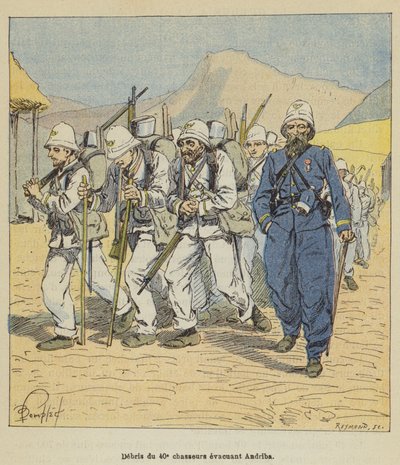 Restos del 40º cazadores evacuando Andriba de after Louis Charles Bombled